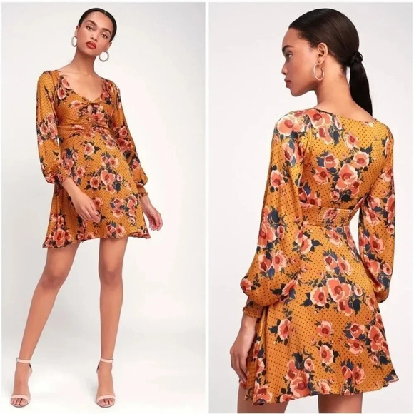 NEW Free People Morning Light Golden Yellow Print Long Sleeve Mini Dress - Picture 4 of 13